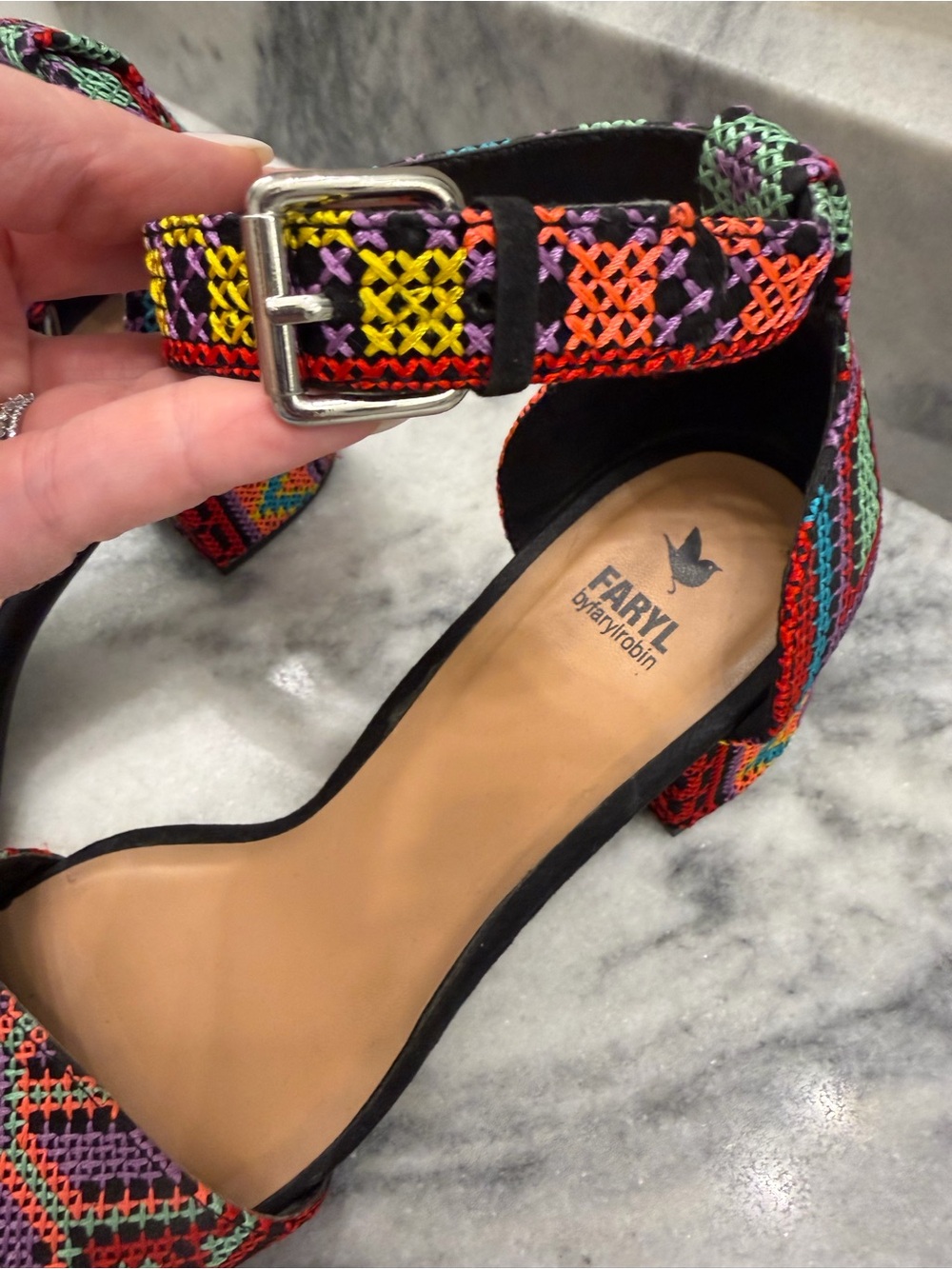 Anthropologie Farylrobin Multicolor embroidered Black Block Heel Sandals - Picture 4 of 5